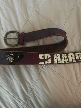 Ed Hardy Maroon Leather Belt with Panther and White Logo